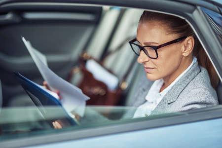 Side view of a focused middle aged business woman wearing eyeglasses analyzing documents while sitting on back seat in the carの写真素材