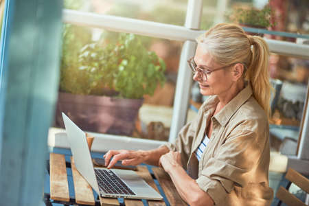 Middle aged caucasian woman typing on laptopの写真素材