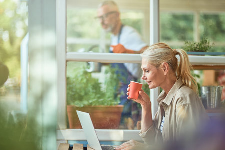 Middle aged caucasian business woman at computerの写真素材