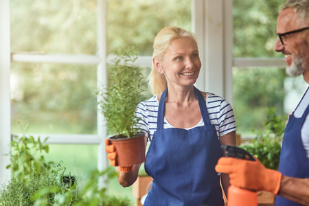 Middle aged caucasian couple working in greenhouseの写真素材