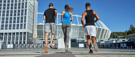 Young people in sportive clothes running to stadiumの写真素材
