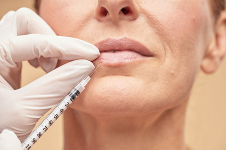 Beautician hands in protective gloves doing injection for mature womanの写真素材