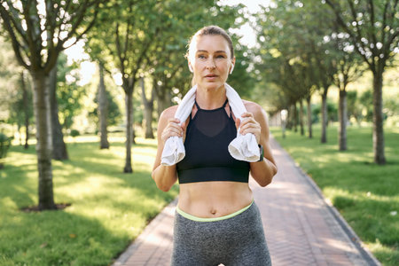 Sportswoman. Tired fit woman in sportswear looking away, standing with towel around her neck after jogging in a green park on a sunny dayの写真素材