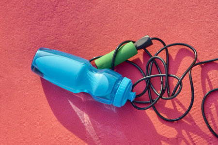 Bottle of water and skipping rope on pink yoga matの写真素材