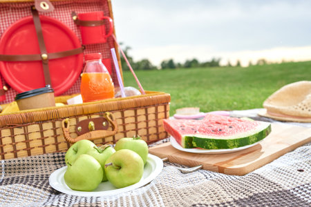 Picnic in nature. Picnic basket with fruits on checkered blanket in the green fieldの写真素材