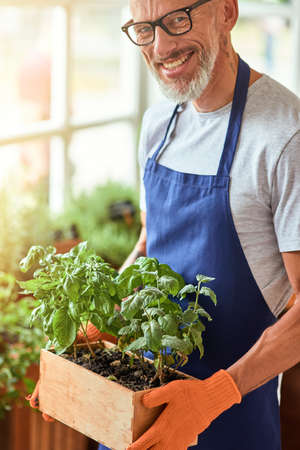 Happy middle aged caucasian man holding box with herbsの写真素材