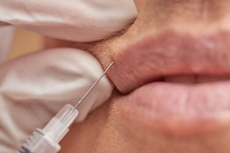 Close up shot of a woman making lip augmentation procedure by cosmetologistの写真素材