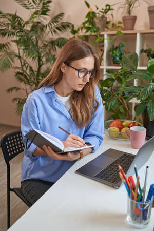 Calm pretty lady looking at laptop screenの写真素材