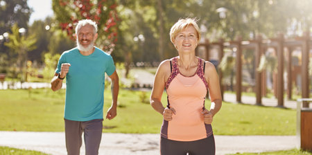 For better health. Active mature family couple in sportswear looking happy while running together in the park on a warm sunny day. Joyful senior couple working out outdoorsの写真素材