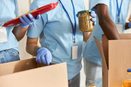 Close up of volunteer in protective gloves holding jar of peas while sorting and packing foodstuff...