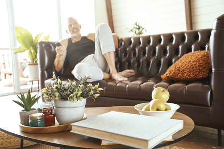 Middle aged man in casual clothes with smartphone in hand relaxing on comfortable sofa in the living room, focus on the small coffee tableの写真素材