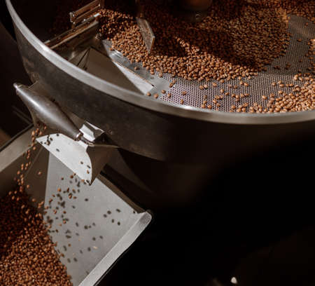 Brown coffee beans in cooling tray of coffee roasting machineの写真素材