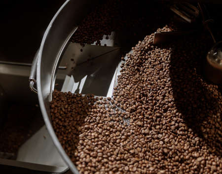Freshly roasted coffee beans in cooling trayの写真素材