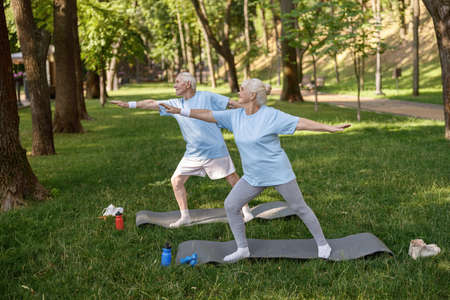 Happy mature woman with partner do yoga exercises on lush lawnの写真素材