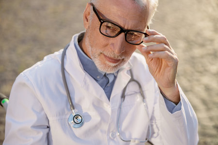 Close up portrait of pensive senior handicapped male doctor in wheelchair wearing lab coat and glasses looking aside, posing outdoorsの写真素材