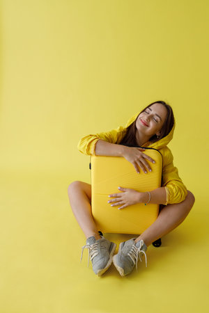 Cheerful young woman hugging travel bag in studioの写真素材
