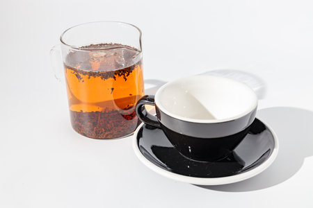 Black glass with sauce for drinking beverageの写真素材