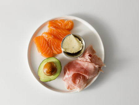 High-calorie food and proper nutrition on white backgroundの写真素材