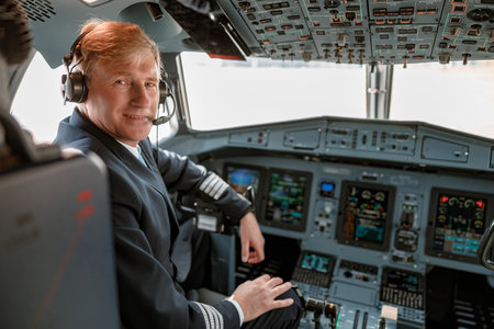 Joyful male pilot sitting in airplane cockpitの写真素材