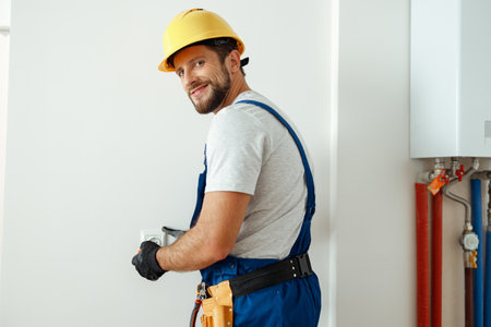 Confident electrician in hard hat and protective gloves smiling at camera while installing electrical socket in a roomの写真素材