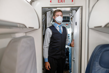 Male flight attendant standing at exit door in airplaneの写真素材