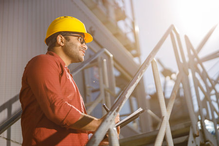 African male engineer inspecting site at construction plantの写真素材