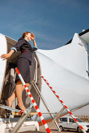 Cheerful flight attendant standing at aircraft door