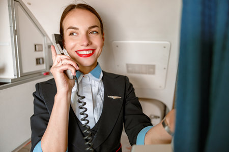Cheerful woman stewardess talking on telephone in airplaneの写真素材