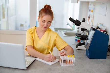 Woman vet sitting at desk in animal clinicの写真素材
