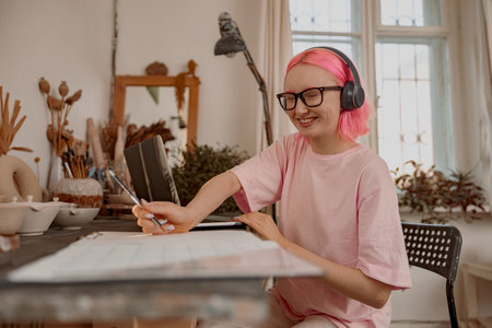Young and smiling female potter doing business in art atelierの写真素材