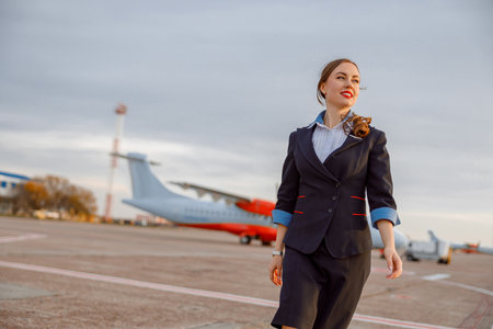Cheerful female flight attendant walking down airfieldの写真素材