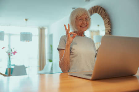 Aged lady is having online meeting indoorsの写真素材