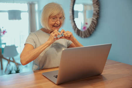 Modern aged woman using laptop computer at homeの写真素材