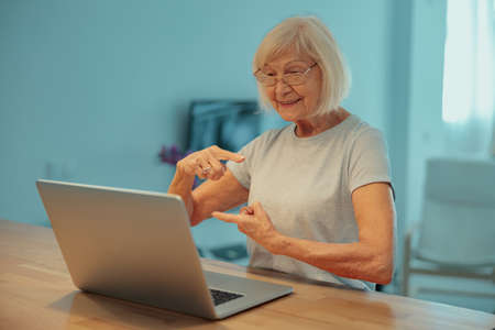 Aged woman having webcam call on laptop indoorsの写真素材
