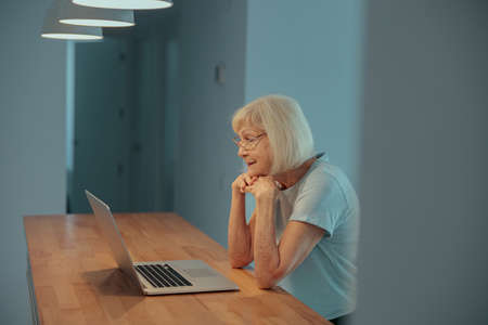 Caucasian retired woman working at laptop indoorsの写真素材