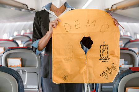 Female flight attendant with life vest standing in airplaneの写真素材