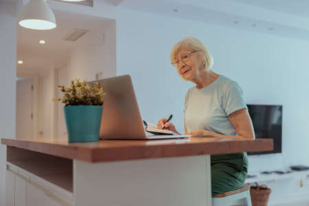 Senior woman looking at laptop screen indoorsの写真素材