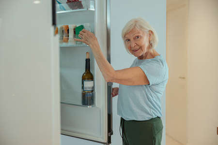 Good looking elderly female leading healthy lifestyle at homeの写真素材