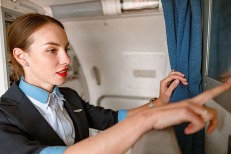 Flight attendant using touchscreen display in airplaneの写真素材