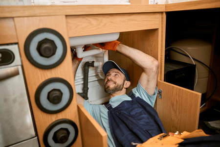 Cheerful plumber fixing sink pipe in kitchenの写真素材