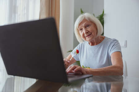 Portrait of joyful senior woman with laptop indoorsの写真素材