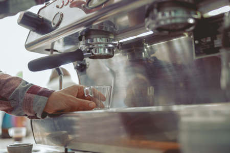 Close up of coffe machine with installed filterの写真素材