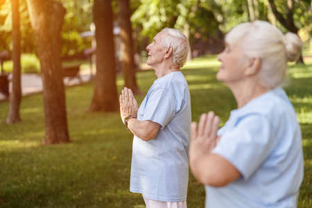 Senior man meditates holding hands in namaste while doing yoga with wife in picturesque parkの写真素材