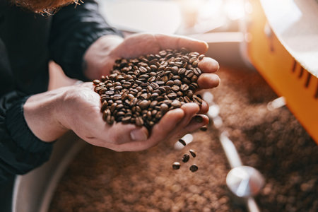 Business owner checks the quality of roasting coffee beans on small factory. Close-upの写真素材