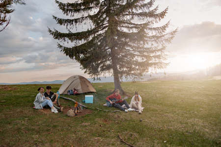 Two happy couples having fun with music at vamp site in mountains. On rural tour.の写真素材