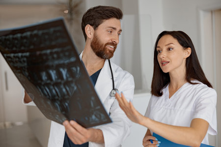 Two doctors in uniform look and discuss an X Ray or MRI scan of the patient spine