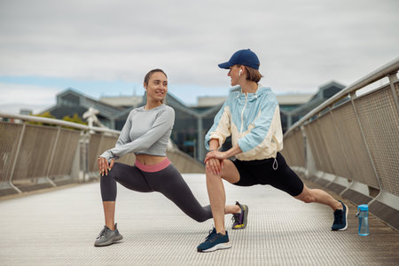 Beautiful sportive women doing stretching exercise on footbridge in the city and looking each other