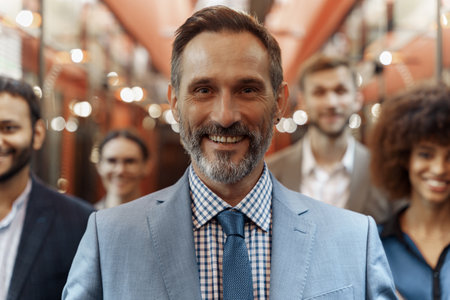 Portrait of mature businessman standing in modern office on colleagues backgroundの写真素材