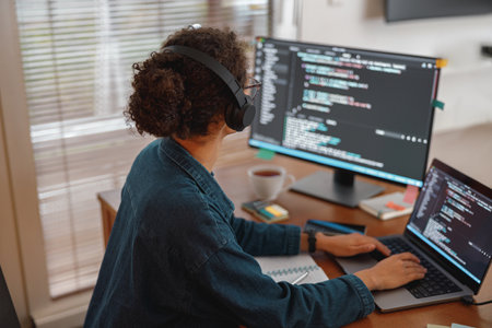 Female freelancer making new project as web designer and programmer on her computer at home office
