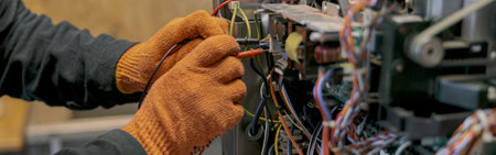 Professional worker fixing coffee machine in workshop